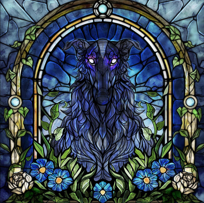 Stainedglasss illustration of a darkgrey blue borzoi looking towards you. Blue flowers around the corner.